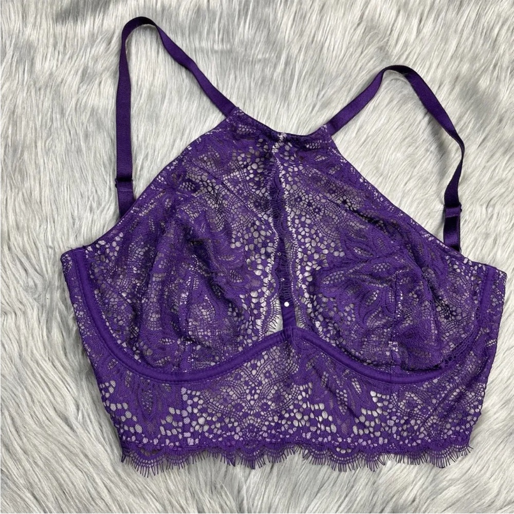 Victorias Secret Purple Lace Unlined Plunge High Neck Bra Size 32DD